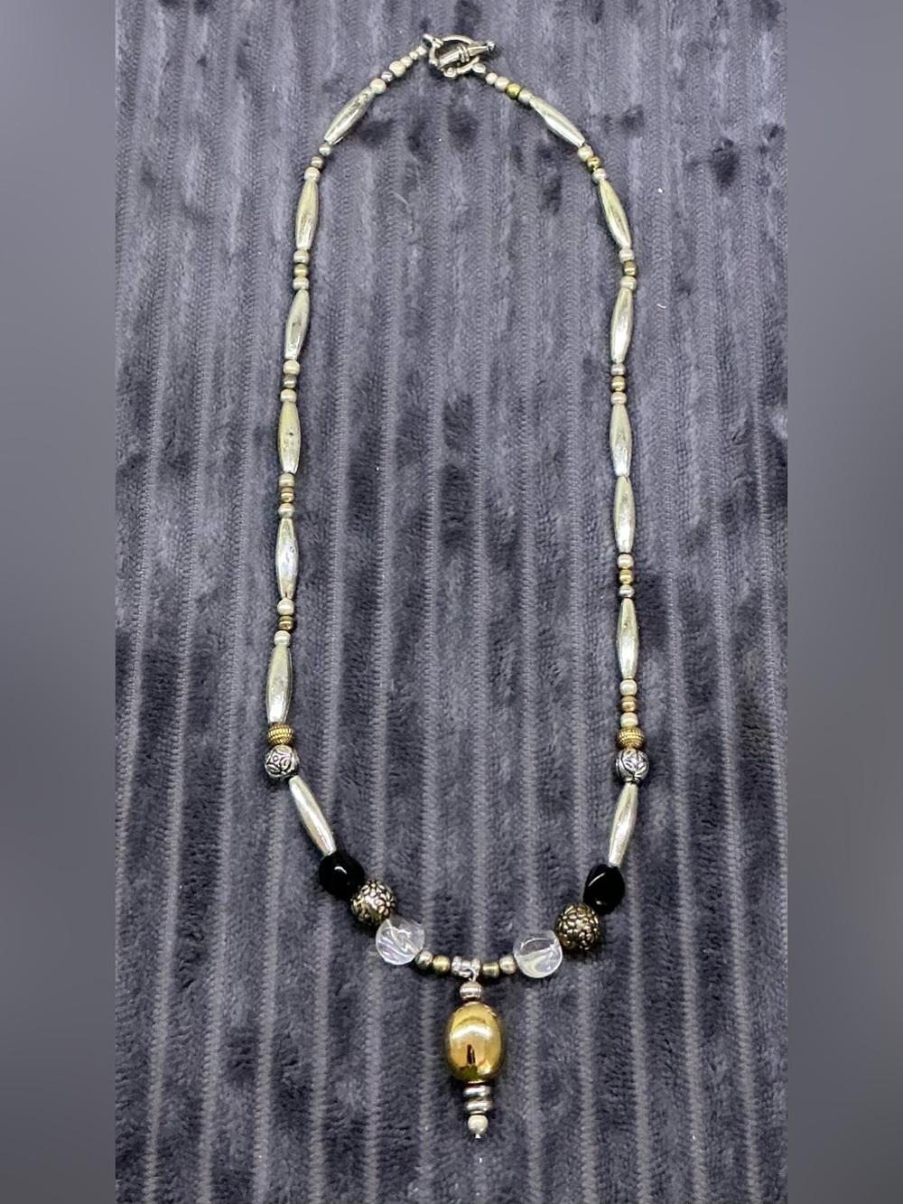 Whimsigoth Beaded NecklaceYellow Drop Pendant VTG Boho Black Metallic Bar Y2K
